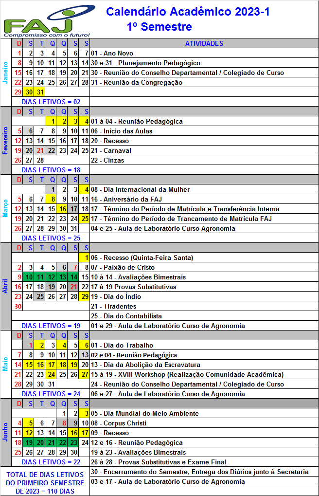 Calendário Acadêmico UniBH 2020