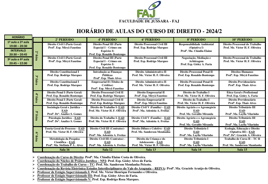 horário aulas Direito 2024 2 atual