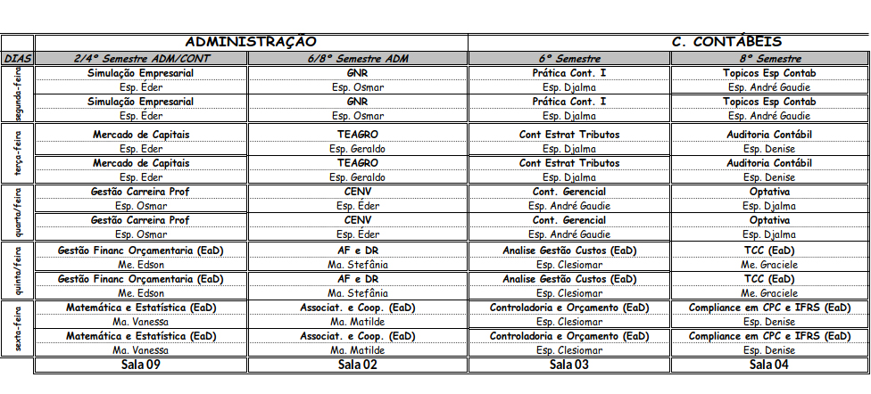 horário aulas adm ccont 2024 2