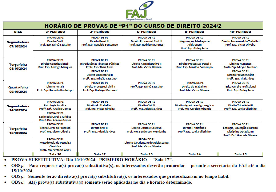 horário prova direito 2024 2 BIM 01