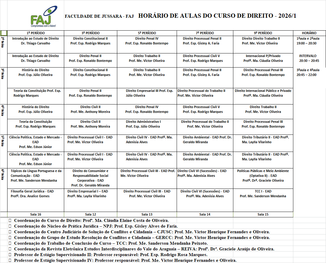 Horário aula direito 2026 1